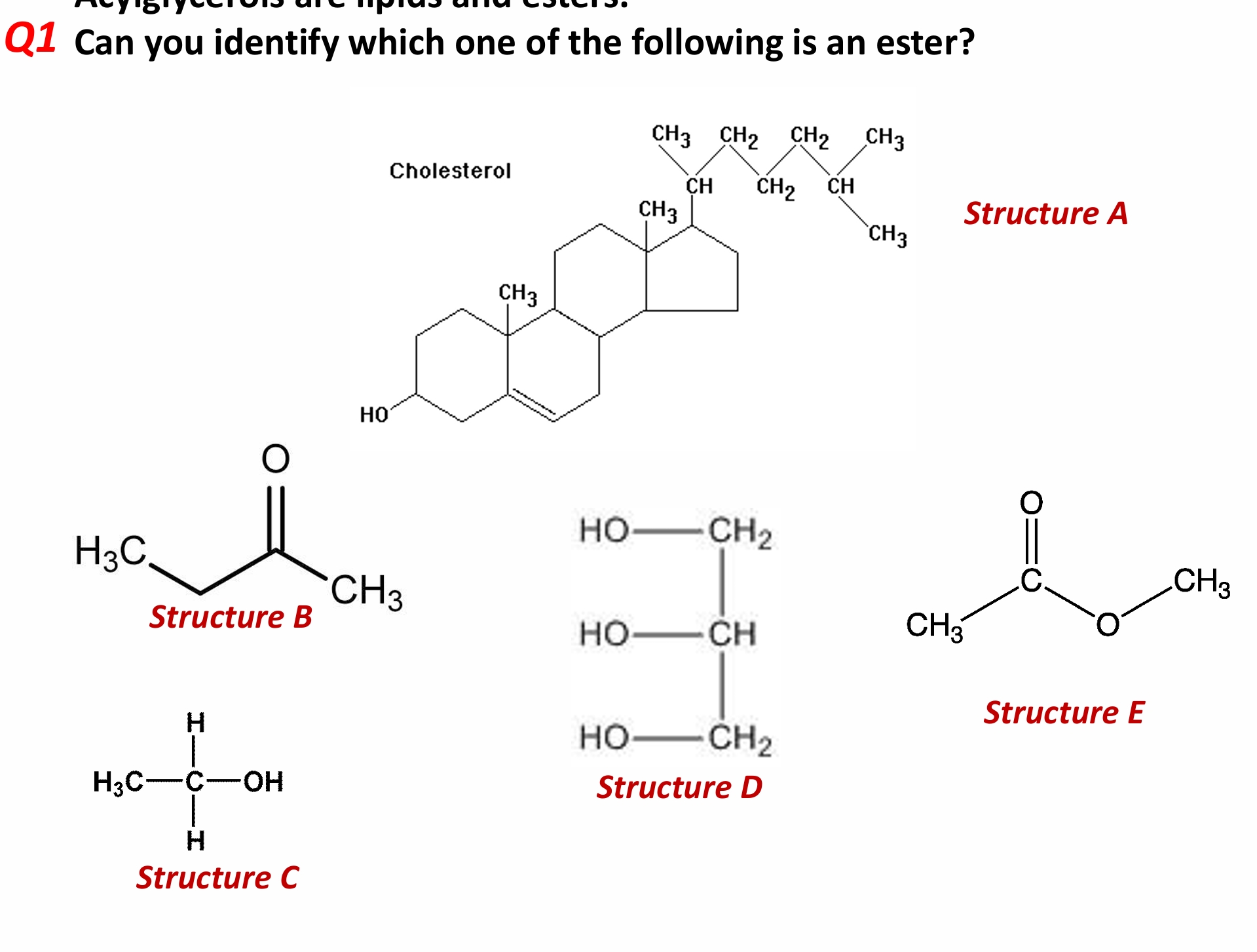 <p>which of these is an ester</p>
