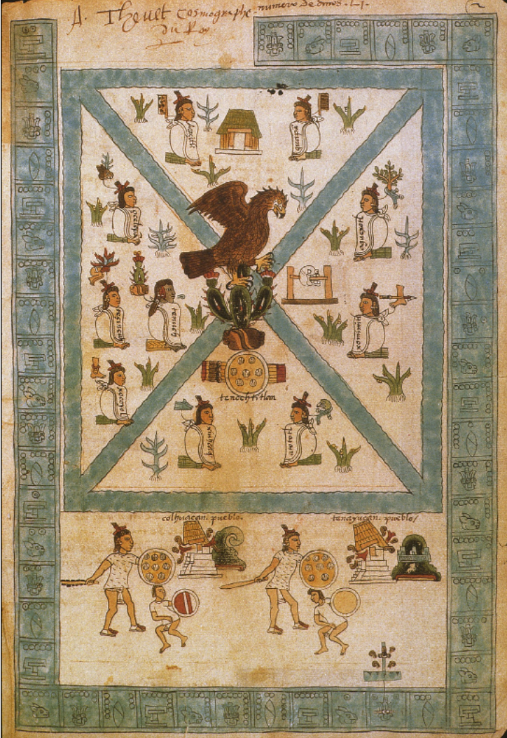 <ul><li><p><span>Mendoza was a viceroy of Spain, employed native artists to make this</span></p></li><li><p><span>Altepetl shown in the bottom portion (shows that a community is there)</span></p></li><li><p><span>Top portion shows split of quadrants of Tenochtitlan </span></p></li><li><p><span>Quadrants like a quincunx, could be used to show the entire Aztec empire itself (could refer to larger or smaller scale)</span></p></li><li><p><span>Two ways of representation (pictographic and european/latin translation)</span></p></li><li><p><span>Surrounded by connected glyphs (51 day signs, almost full 52 year cycle, allusion to cyclical time, shows concern about the end of the cycle (cataclysm)</span></p></li><li><p><span>Name of city is given with eagle on a cactus and with the symbol/spears with seven dots (identity is tied with warfare)</span></p></li></ul><p></p>