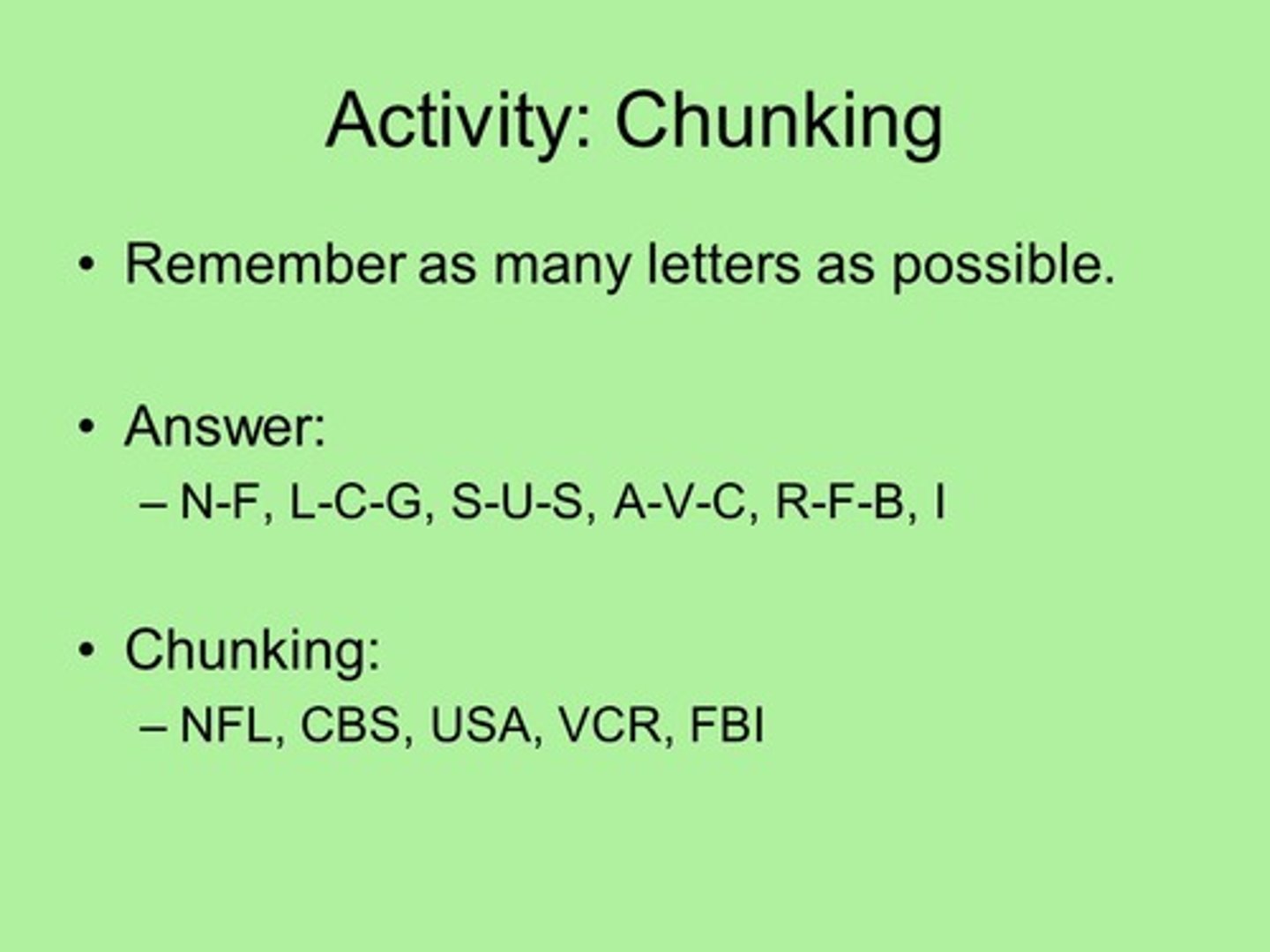 <p>(C) II and III only</p><p>Chunking was used by breaking the larger grid into more manageable parts.</p><p>The Method of Loci was used because a specific visualization/mental image was used to remember this.</p>