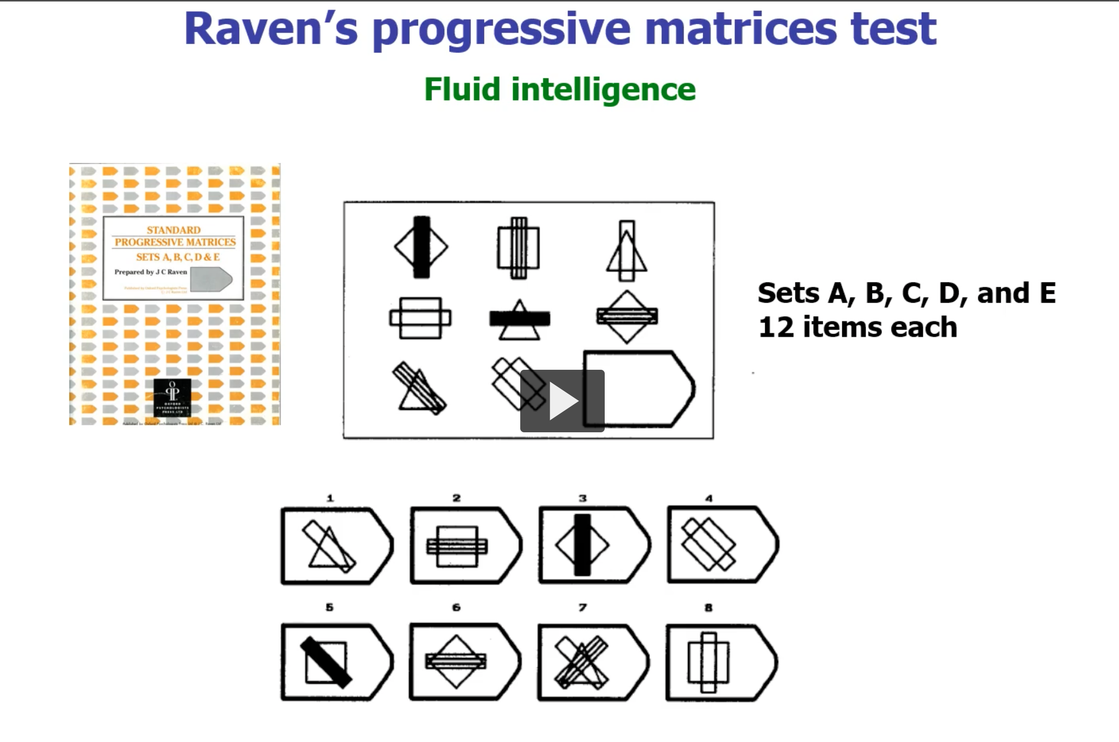 <ul><li><p>Progressive Matrices Test: 3*3 Matrix with bottom right cell missing and task is to determine regularities in the other cells and then select the missing cell form among 8 alternatives</p></li></ul><p>→ measures fluid intelligence</p>