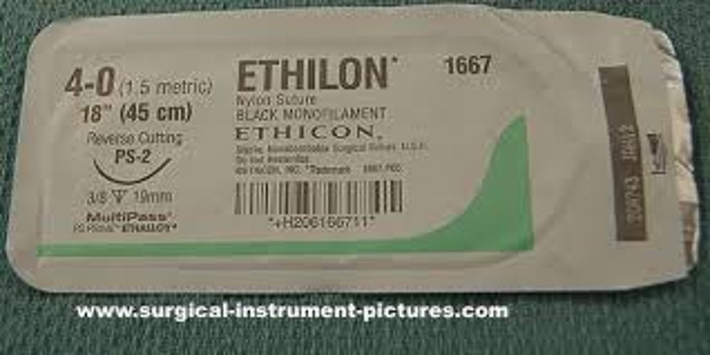 <p>type: synthetic - nylon</p><p>package color: MINT GREEN</p><p>suture color: VIOLET / GREEN / UNDYED</p><p>Usage: skin closure</p><p>- monofilament non absorbable</p><p>NON ABSORBABLE</p><p>tensile strength: excellent - 15% per year</p><p>tissue reaction: minimal</p>