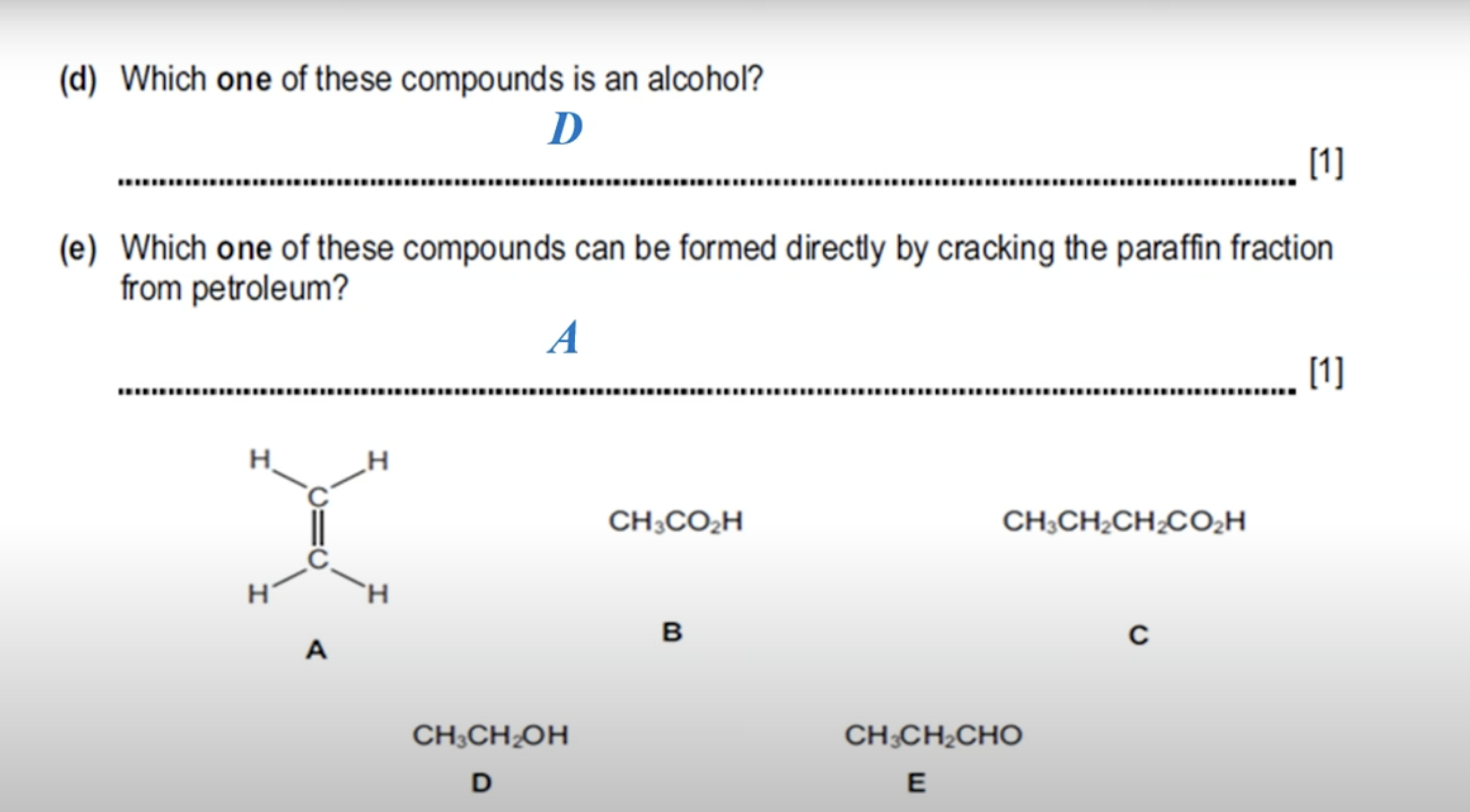 <p>CH₃CH₂CHO: THIS IS NOT AN ALCOHOL BUT AN ALDEHYDE CONSISTING OF A CARBONYL CARBON(C=O) BONDED TO A HYDROGEN ATOM—→ [NOT IN SYLLABUS]</p><p>FOR IT TO BE AN ALCOHOL IT IS SUPPOSED TO BE (-OH) GROUP. </p><p> B AND C ARE BOTH CARBOXYLIC ACIDS AS THEY HAVE THE GROUP CO<sub>2</sub>H(THE O<sub>2 </sub>MEANS TWO OXYGEN ATOMS, THUS MAKING IT COOH WHICH IS THE FUNCTIONAL GROUP OF CARBOXYLIC ACIDS). </p>