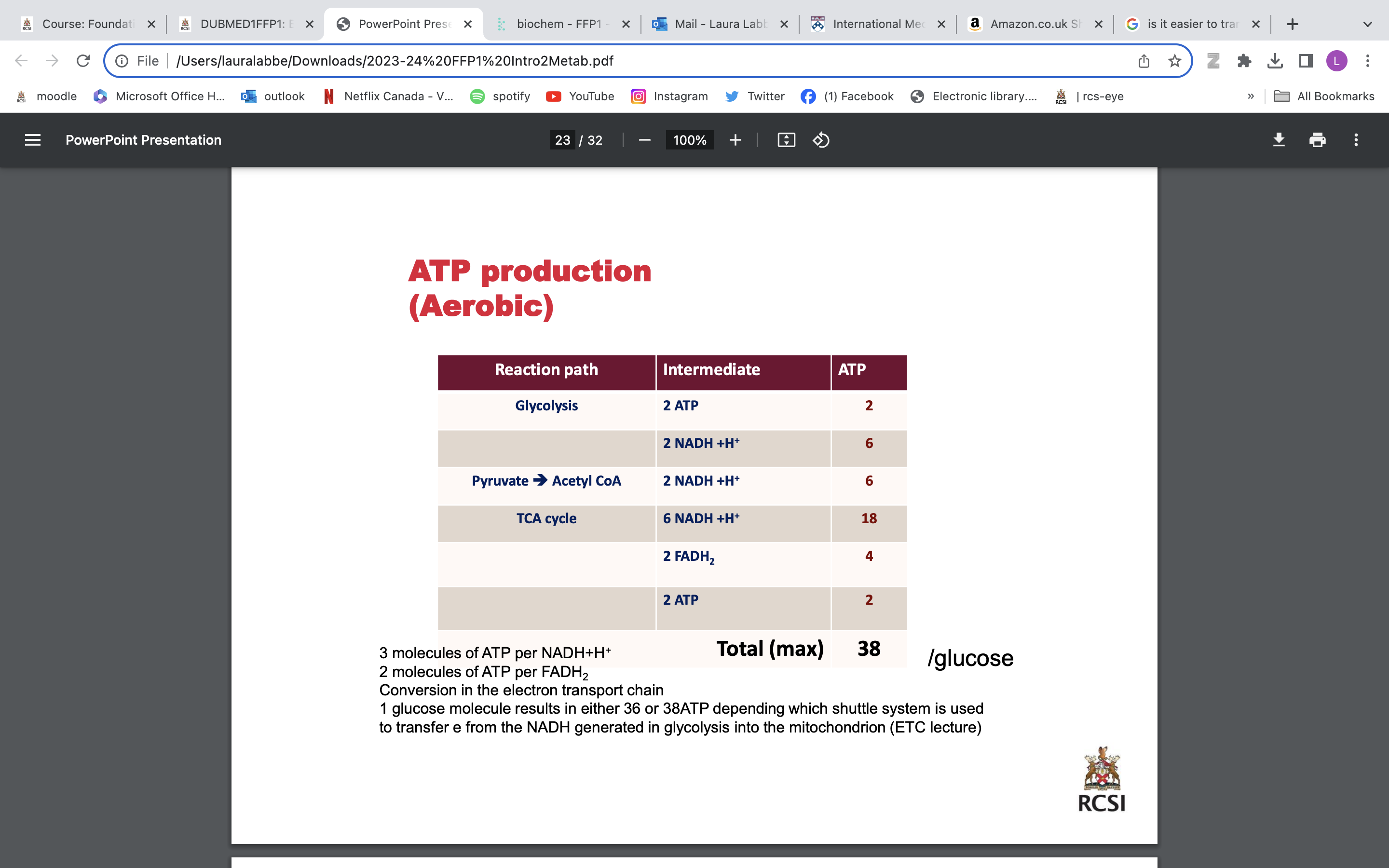 <ul><li><p>3 molecules of ATP per NADH+H+</p></li><li><p>2 molecules of ATP per FADH2</p></li><li><p>Conversion in the electron transport chain</p></li><li><p>1 glucose molecule results in either 36 or 38ATP depending which shuttle system is used to transfer e from the NADH generated in glycolysis into the mitochondrion (ETC lecture)</p></li><li><p><strong>Under anaerobic conditions</strong>, only 2 ATP/molecule of glucose as pyruvate converted to lactate in a reaction that consumes 2 NADH.</p></li></ul>