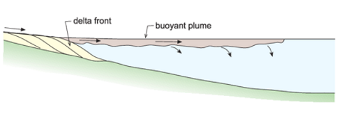 <p>Inflow water density &lt; basin water density</p><p>Less dense fluid enters the more dense fluid and floats across the surface </p>