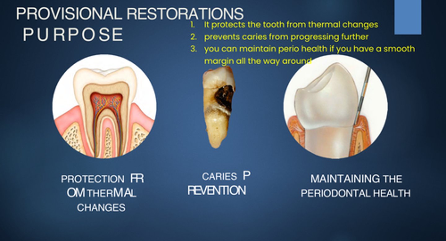 <p>(Purpose of) Provisional restorations:</p><p>protect the tooth from _________ changes</p><p>prevent ________ from progressing further</p><p>and help to maintain __________ health</p><p>(why a smooth margin all the way around it important) </p>