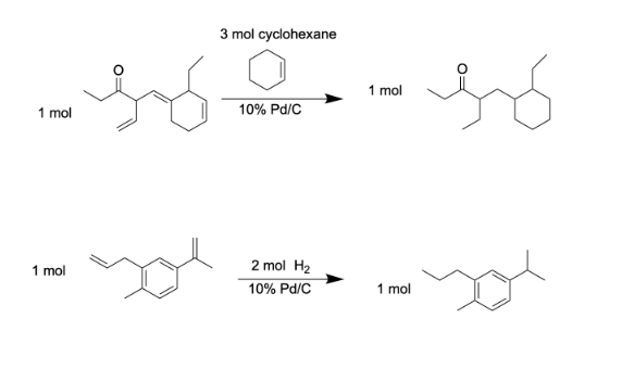 <p>See photo (you need one mole of cyclohexane for each double bond broken (you do not break the double bonds in carboxyl groups and arenes when for hydrogenation)</p>
