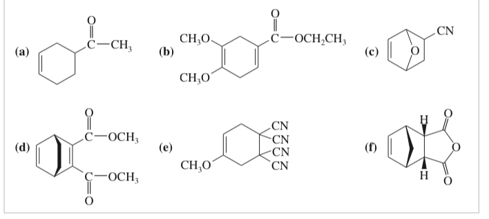 <p>(15.15) <span>What dienes and dienophiles would react to give the following Diels–Alder products?</span></p>