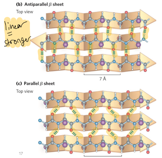 <p>more frequent, H bonds are linear = stronger, upside down next to right side up</p>