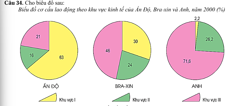 <p>Nhận định nào sau đây không đúng về biểu đồ này: </p><p>A. Cơ cấu lao động của Anh tập trung chủ yếu vào khu vực III. </p><p>B. Lao động của Ấn Độ chủ yếu làm trong ngành nông – lâm – ngư nghiệp </p><p>C. Bra – xin là quốc gia có cơ cấu lao động khá tương đồng theo khu vực kinh tế. </p><p>D. Những quốc gia có số lao động chủ yếu trong khu vực III là nước kém phát triển.</p>