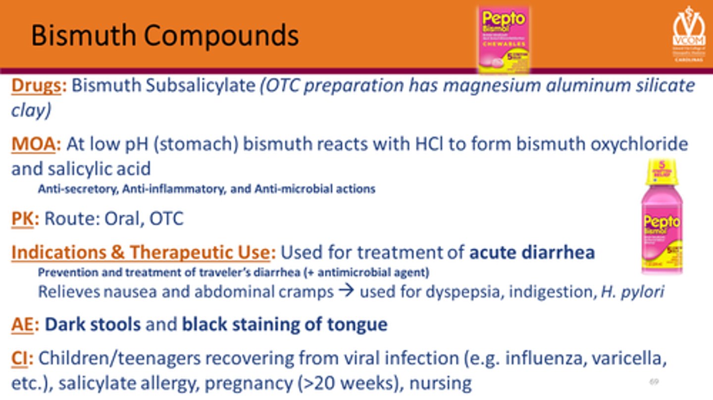 <p>its an anti-secretory that reduces fluid secretion into bowel</p><p>CI: aspirin allergy (bc of salicylate)</p><p>ADRs: black tongue, dark stool, tinnitus, gout attack</p><p>DDI: warfarin (bc salicylate, may increase bleeding)</p>