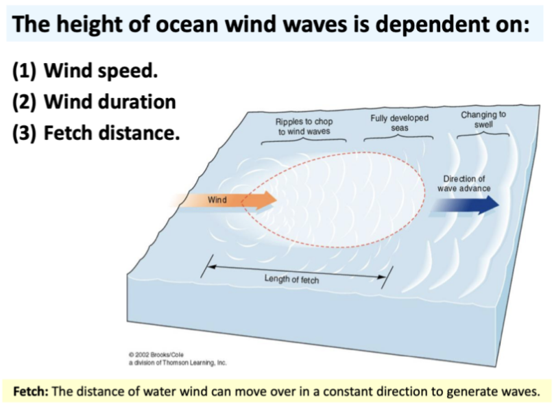            

* Windspeed; Higher waves as      more energy transferred to sea surface
* Wind duration; More energy      being transferred over a longer period of time
* Fetch distance Distance of      water of the ocean where the wind is blowing in a common direction 

 

      
