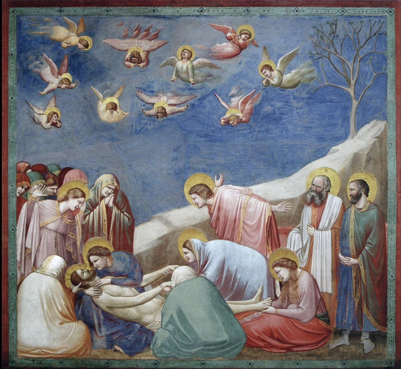 <ul><li><p>Back-facing people draw attention to Jesus</p></li><li><p>Everyone facing christ draws attention to him</p></li><li><p>Blurred strokes behind the angels in the sky show movement</p></li><li><p>Giotto added heightened emotionality instead of depicted stoicism of previous holy figures</p></li></ul>