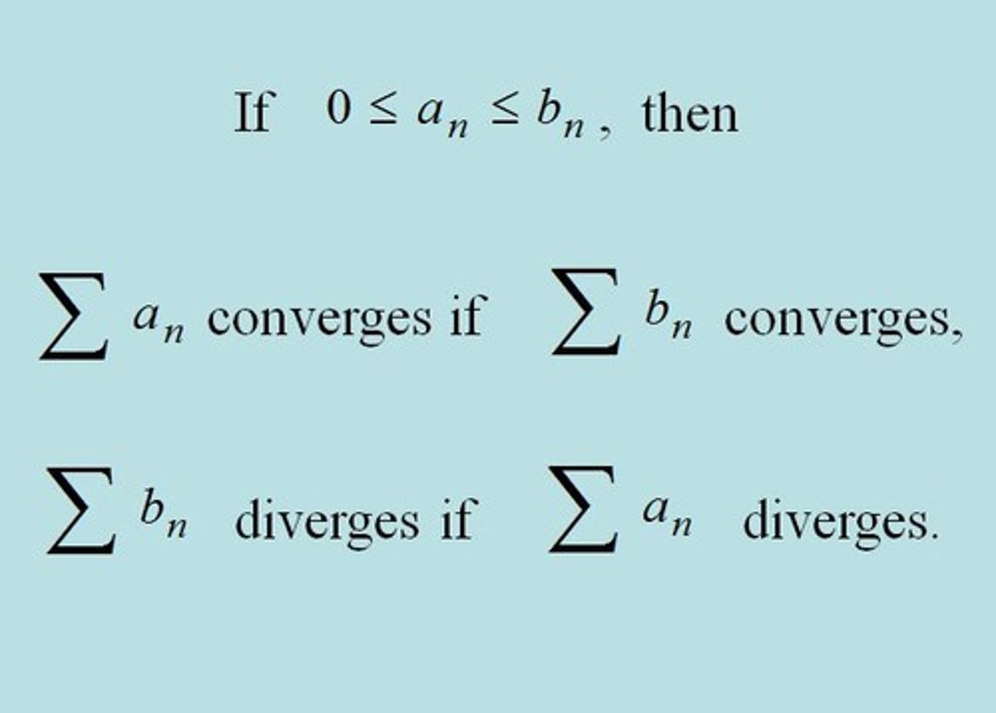 <p>ONLY for series with all positive terms</p><p>Given two series:</p><p>if "bigger" series converges, both converge</p><p>if "smaller" series diverges, both diverge</p>