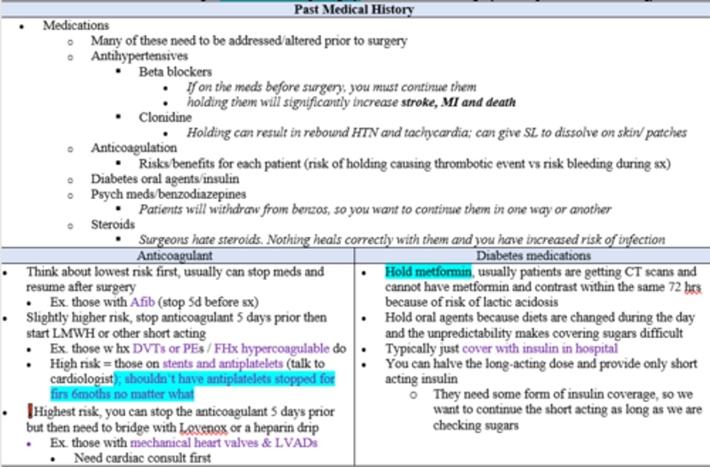 <p>Antihypertensives (But DO NOT HOLD Beta Blockers or clonidine)</p><p>Anticoagulants (Consider risk/benefits)</p><p>Diabetic oral agents (typically cover with insulin in hospital)</p><p>Psych Meds (FYI Holding benzos may cause w/d)</p><p>Steroids (keep them on if already taking, can delay healing and increase risk for infection)</p>