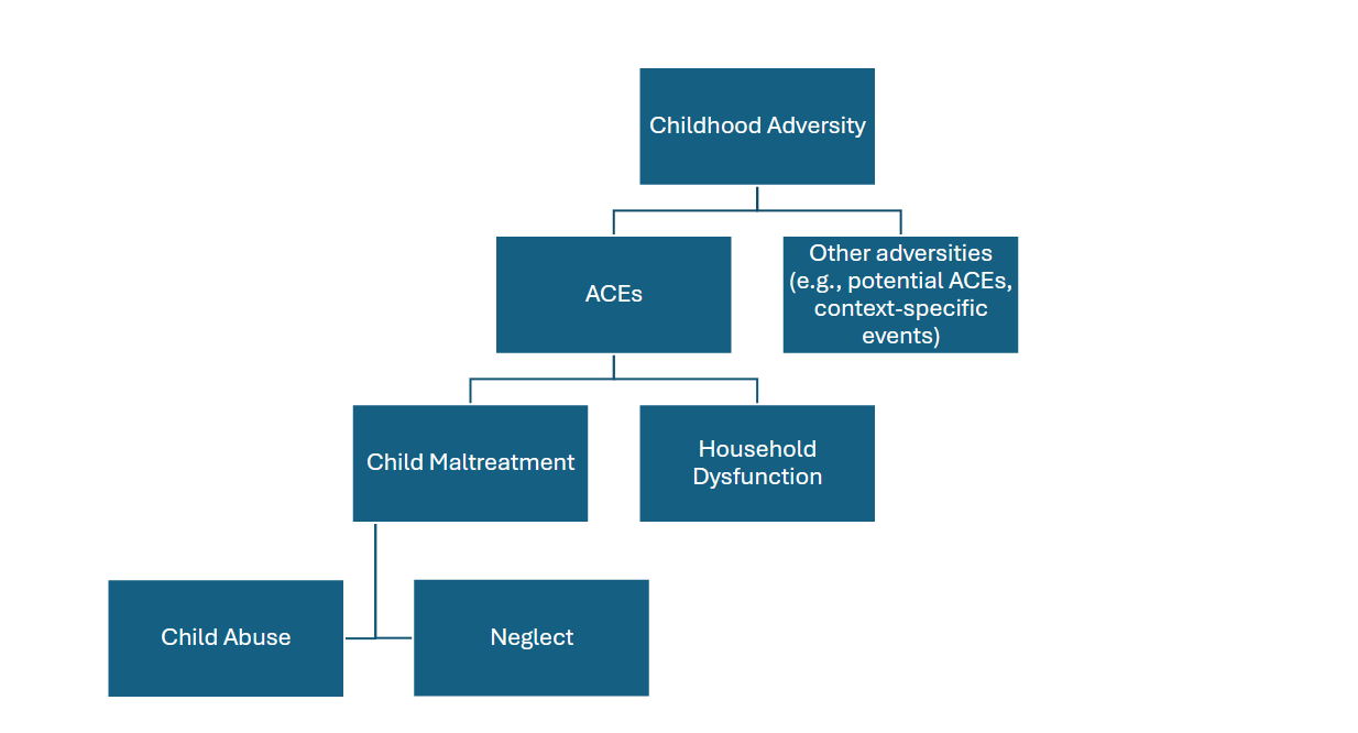 <p>______________ - <strong>broadest term. Includes child maltreatment (child abuse + neglect), and ACEs</strong></p><ul><li><p>Additional things that do not currently – but may eventually – fall under ACEs (e.g., poverty)</p></li><li><p>Allows for inclusion of adversities that are relevant in different cultural and global contexts</p></li></ul><p></p>