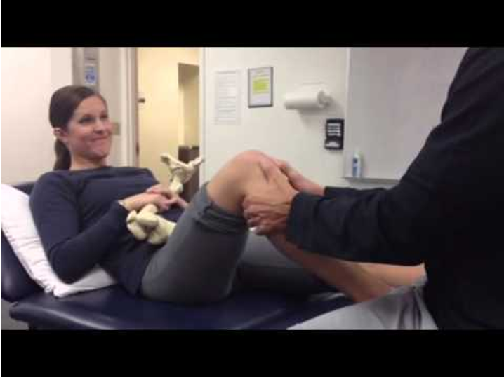 <p>Position: Thigh supported on table. Hands on proximal tibia</p><p>Purpose: inc. knee extension</p>