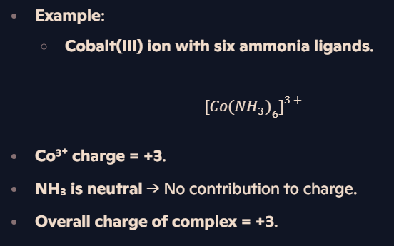 <p><strong>Steps</strong>:</p><ol><li><p>Identify <strong>central metal ion</strong> and its charge.</p></li><li><p>Identify <strong>ligands</strong> and their charges.</p></li><li><p>Determine <strong>coordination number (geometry)</strong>.</p></li><li><p>Calculate <strong>total charge</strong> (sum of metal charge and ligand charges).</p></li></ol><p></p>