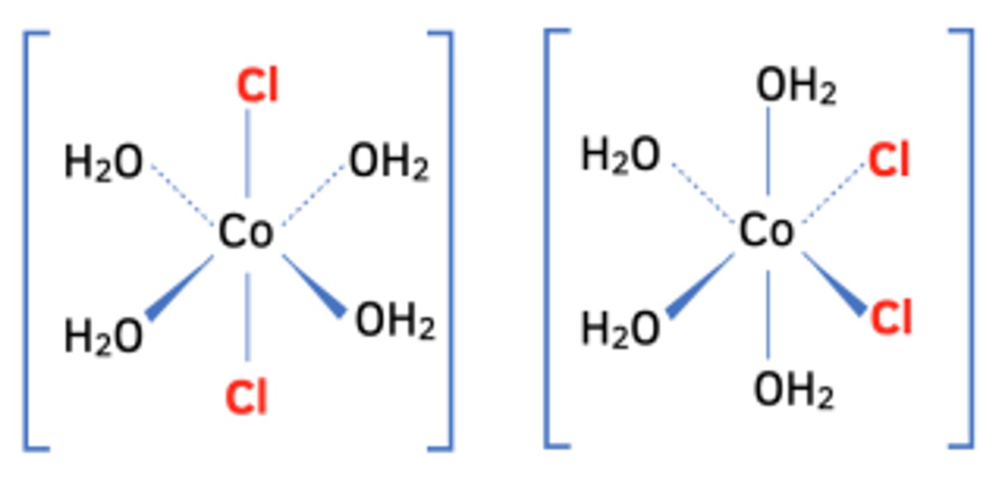 <p>cis = when molecule is on the same side of central atom, only occurs with one molecule e.g. one Cl ligand, 3 NH3 ligands</p><p>trans = must cross central atom to get to other molecule</p>