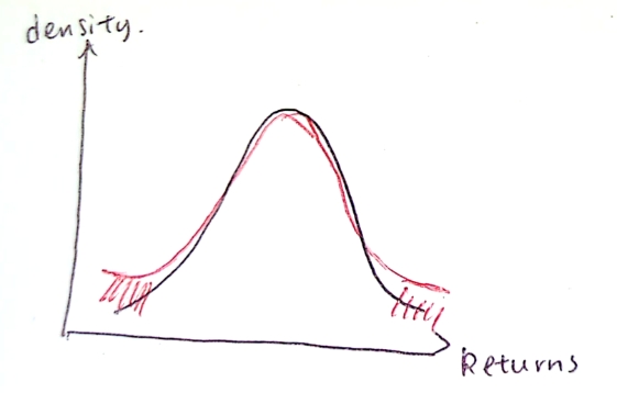 <ul><li><p>the density of asset returns has heavier tails than normal</p></li><li><p>there is excessively high proportion of extreme values</p></li><li><p>distribution is still centred/symmetric but the probability of extreme values is higher than normal </p></li></ul><p></p>