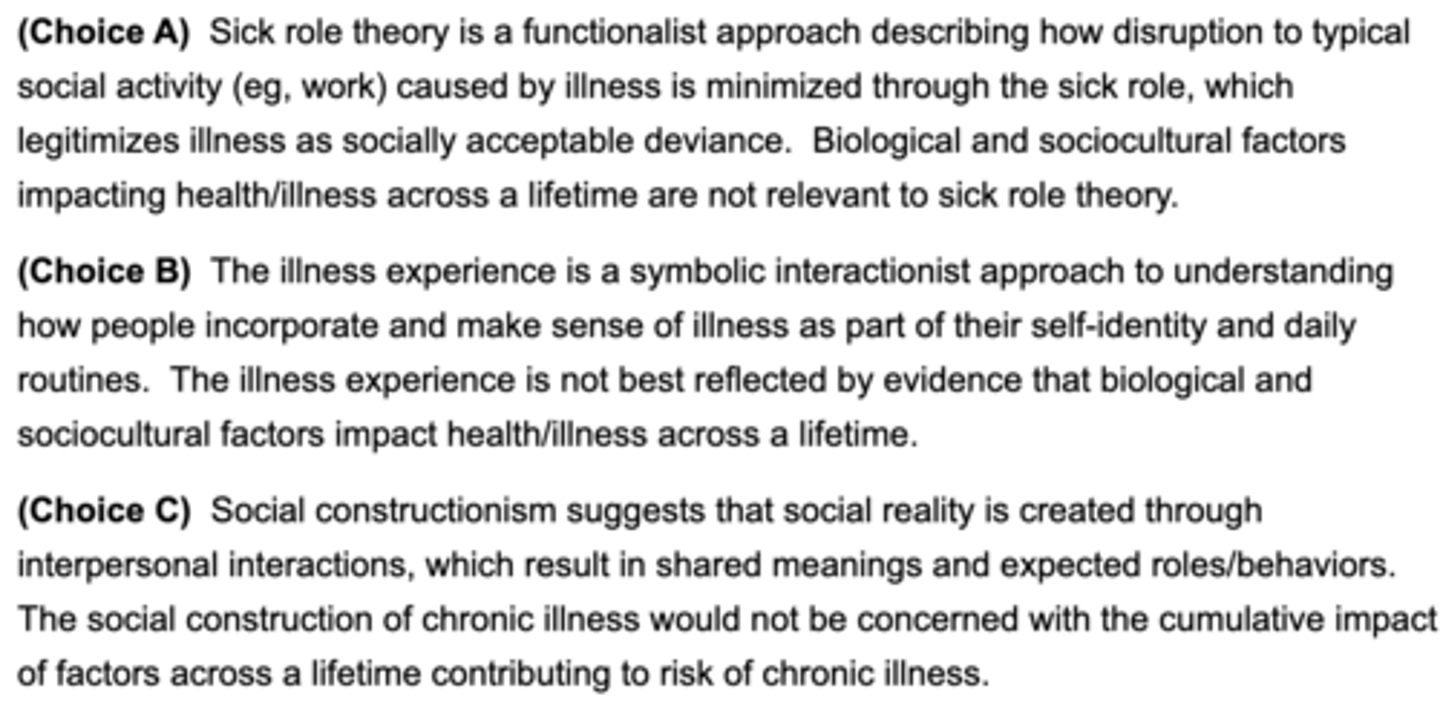 <p><strong>life course approach </strong></p><p></p><p>note</p><p></p><p><span class="bgB">sick role theory: </span><em>functionalism</em>: push to normalize illness as okay/natural</p><p></p><p><span class="bgB">illness experience:</span> <em>symbolic interactionism:</em> how people incorporate and make sense of illness as part of self identity</p><p></p><p>social constructionism: </p>