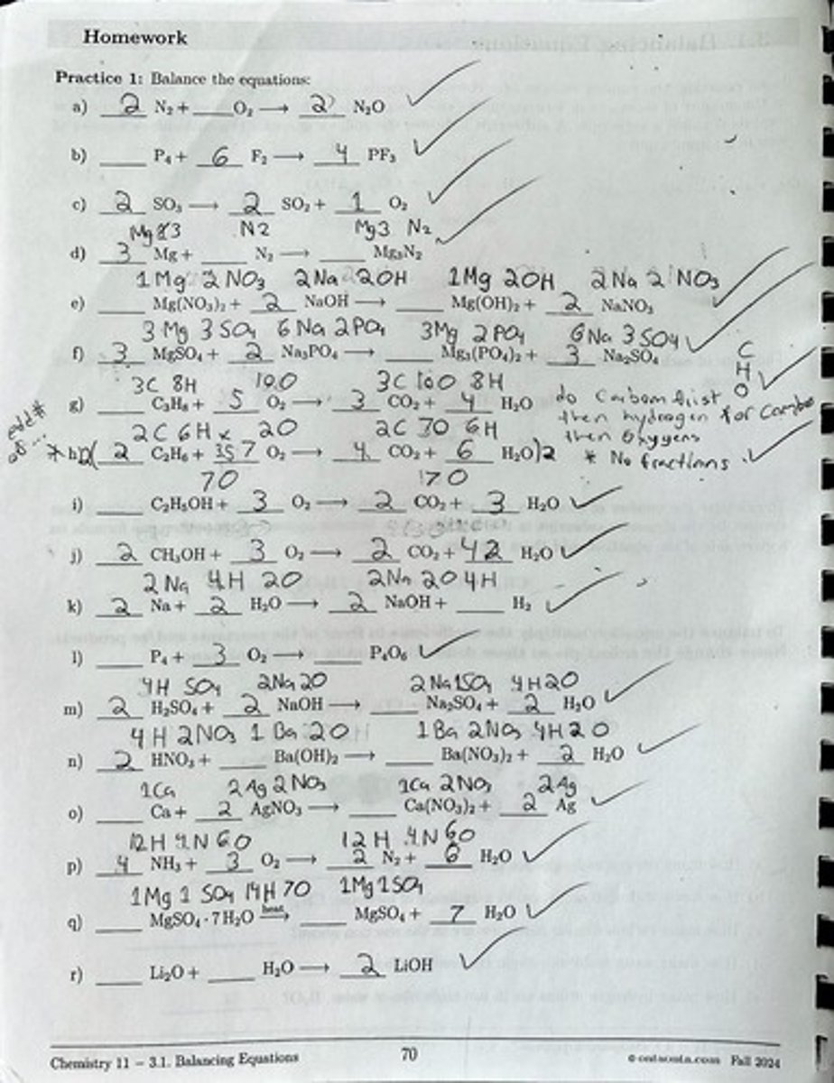 <p>An equation where the number of atoms for each element is the same on both sides.</p>