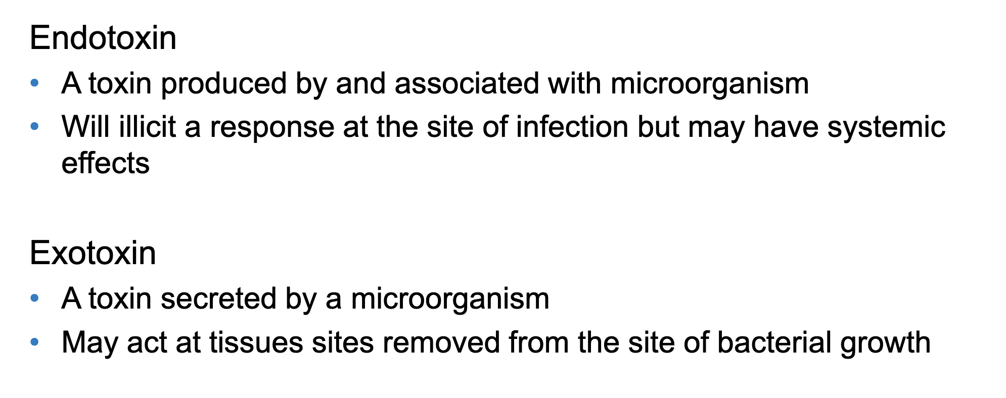 <ul><li><p>Endotoxins are toxic components of the outer membrane of Gram-negative bacteria, specifically the lipid A portion of lipopolysaccharide (LPS).</p></li><li><p>They are not secreted actively like exotoxins but are released when bacteria die, divide, or lyse.</p></li></ul><p></p>