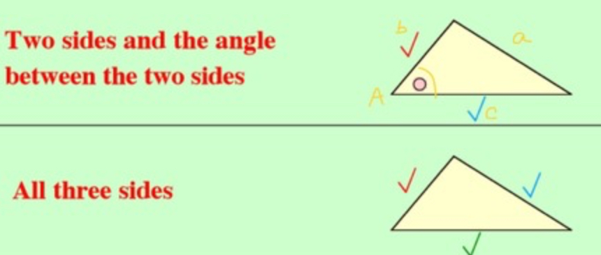 <ul><li><p>when you see an angle sandwiched between 2 known sides</p></li><li><p>when you are given all three sides<br>(No known opposites)</p></li></ul>