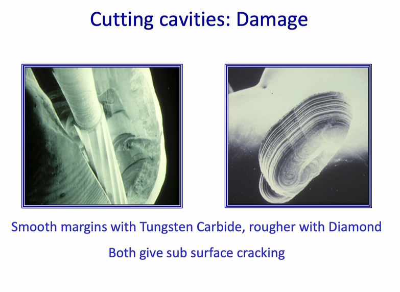 <ul><li><p>smooth burs - smooth margins with<strong> tungsten carbide,</strong> rougher than diamond - rough diamond bur&nbsp;</p></li><li><p>both give <strong>sub-surface cracking&nbsp;</strong></p></li></ul><p></p>