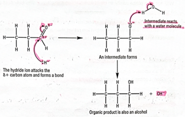 <p>-reacts with <strong>hydride ion first</strong> then <strong>intermediate </strong>reacts with <strong>water&nbsp;</strong></p>