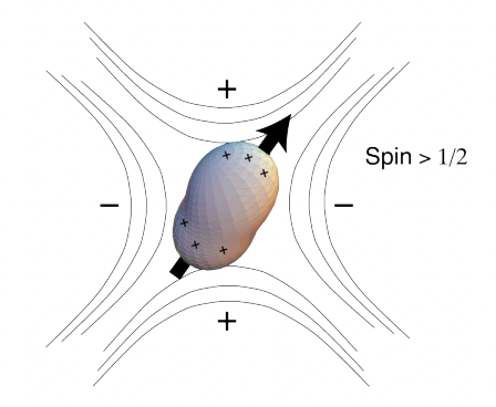<p>quadrupolar nuclei (I&gt;1/2) have non-spherical distribution of charge → electrical quadrupole (eQ) moment</p><p>quadrupolar nuclei have:</p><ul><li><p>magnetic moment (related to spin)</p></li><li><p>eQ moment (related to charge distribution)</p></li></ul><p>quadrupolar interaction = eQ moment couples to electric field gradient (EFG) created by electron density surrounding nucleus</p><p>= very large up to 50MHz </p>