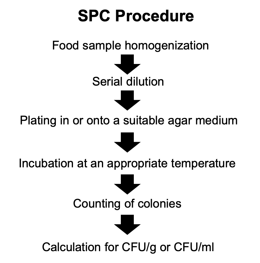 <ol><li><p>Food sample homogenization</p></li><li><p>Serial dilution</p></li><li><p>Plating in or onto a suitable agar medium</p></li><li><p>Incubation at appropriate temperature (for specific period of time)</p></li><li><p>Counting of colonies</p></li><li><p>Calculation of CFU/g or CFU/mL</p></li></ol><p></p>