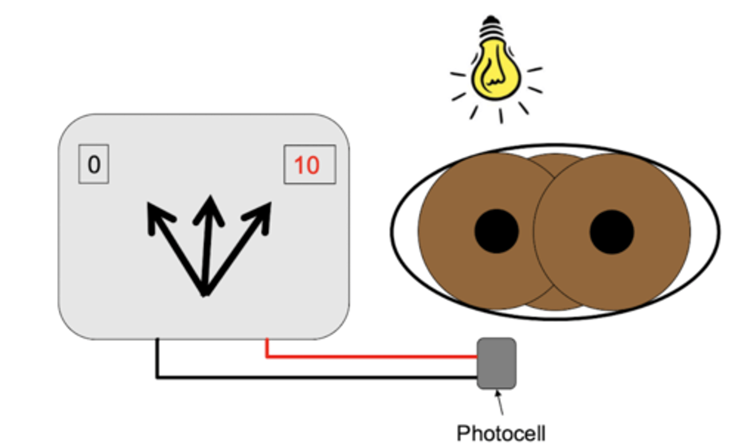<p>uses a photocell (which detects light level) to measure movement of eye → illuminate subjects eye with infrared illumination and detects amount of reflected light</p><p>resistor detects changes of reflected light i.e. sclera (more) vs. iris (less)</p>