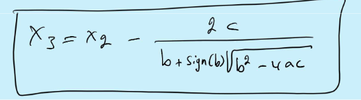 <p>Extension of secant method</p><p>Good method for complex roots</p><p>Rate of convergence is K=1.84</p><p>Requires 3 initial guesses<br>Assume a quadratic and use this formula to find x<sub>3</sub> and solve the quadratic</p><p>To avoid RO error if b<sup>2</sup>»4ac express result in an alt manner<br>Chk residual, update solution and we use them to find x<sub>4</sub> and etc</p>