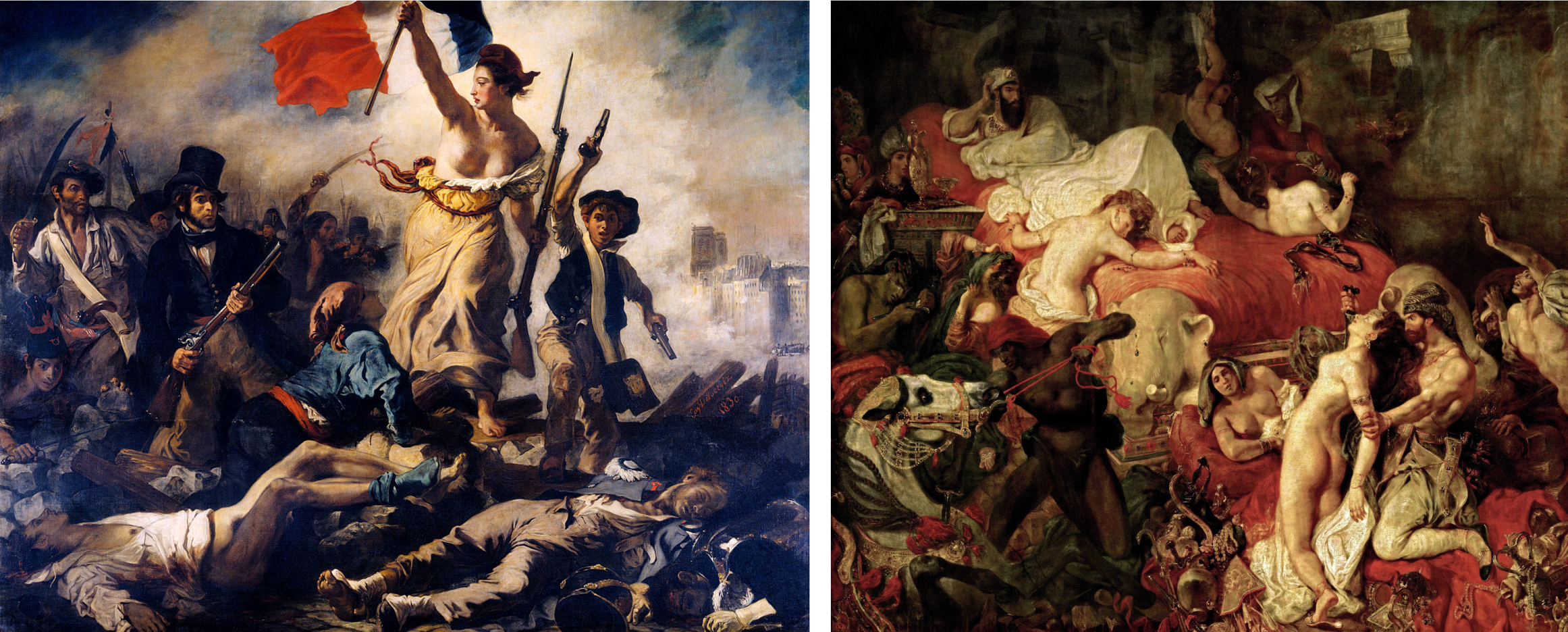 <ul><li><p><span>leader of the Romantic movement in 19th-century French art</span></p></li><li><p><span>known for his lush, agitated brushwork, pulsating with vivid color - in direct contrast to the cool and controlled delineations of his peer and rival, Ingres</span></p></li><li><p><span>history of painting often revolved around the rivalry of the two: Ingres the Neoclassical draftsman, and Delacroix, the Romantic colorist.</span></p></li><li><p><span><strong>Liberty Leading the People</strong></span></p></li><li><p><span><strong>Death of Sardanapalus</strong></span></p></li></ul><p></p>