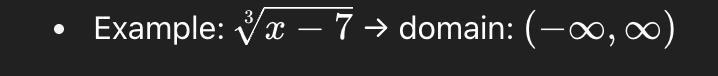 <p><strong>Odd-Root Radicals (cube root, 5th root, …)</strong></p><ul><li><p>No restriction — all real numbers work.&nbsp;</p></li></ul><p><br>Example in image.</p>