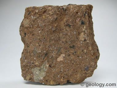 <p>-igneous</p><p>-volcanic</p><p>-aphanitic, porphyritic</p><p>-felsic/intermediate</p><p>-volcanic ash, pumice</p><p>-doesn’t form within BRS</p><p>uses: building </p>