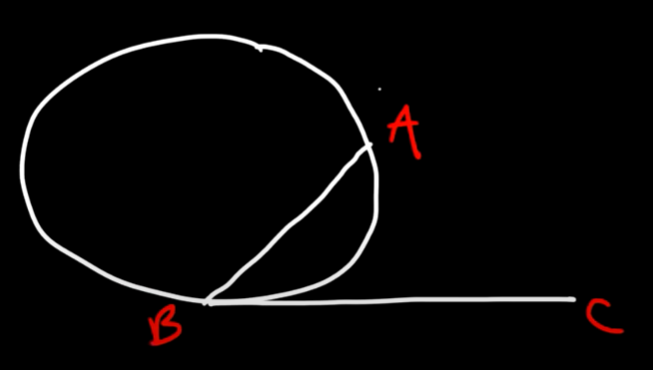 <p>&lt;ABC = 25 degrees<br>m AB = 50 degrees<br></p><p>*Arc is twice the value of a tangent chord angle</p>