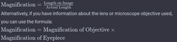 <p><span>Magnification is the factor by which an image is enlarged. If you know the actual size of an object and its size on the image, you can calculate magnification using the formula: </span></p>