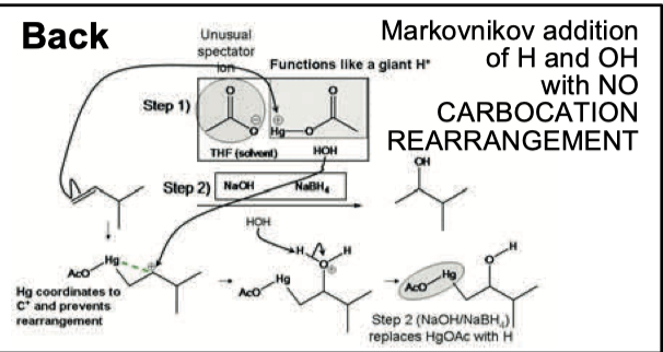 <p>Markovnikov addition of H and OH with No carbocation rearrangement</p>