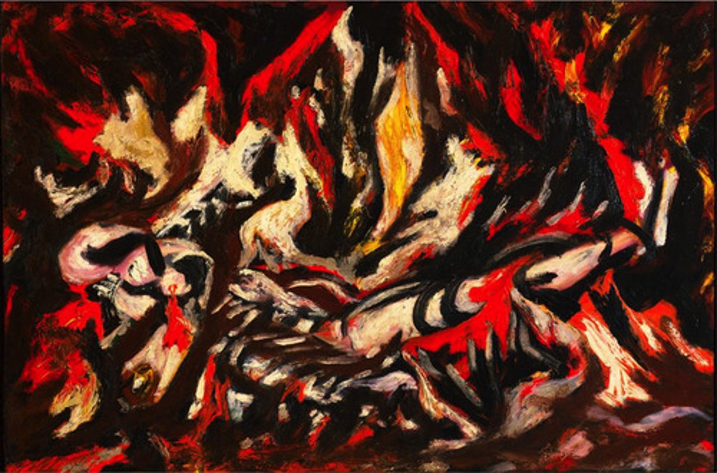 <p>An oil on canvas painting by Jackson Pollock that serves as a bridge between his early figurative style and his later revolutionary drip abstractions.</p>