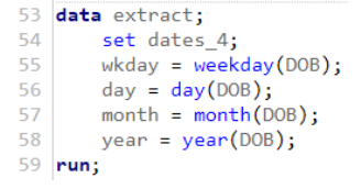 <ul><li><p>WEEKDAY function returns the day of the week with Sunday = 1 </p></li><li><p>DAY function returns the day of the month </p></li><li><p>MONTH function returns the month </p></li><li><p>YEAR function returns the four-digit year value</p></li></ul>