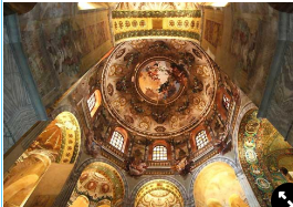 <ul><li><p>San Vitale - Ravenna</p></li></ul><p>San Vitale is an example of a <strong>centrally planned church</strong>, meaning in the round or as a polygonal building.&nbsp;</p><ul><li><p>Byzantine</p></li><li><p>These churches radiated out from a central point and were surmounted with a dome.&nbsp;</p></li><li><p>Emperor Justinian reconfigured the basilica to allow for a sizable congregation. He wanted to restore the grandeur of the Roman Empirethe interior is elaborately decorated with mosaic murals depicting himself and his wife Theodora as devout and pious, yet as resplendent rulers of the kingdom</p></li><li><p><strong>Octagon with a cupula supported on a tall drum</strong></p></li><li><p><strong>Buttresses to support the walls.</strong></p></li><li><p>The exterior of the church is brick and the form of the building is broken up with windows and buttresses (exterior support structures that take the weight off of buildings allowing for more windows).</p></li><li><p>Inside are highly decorative gold mosaics and marble- this floods the interior with a golden light.</p></li><li><p>The central dome ceiling mural was added centuries later</p></li></ul><p><strong>Note:</strong> Birds = early Christianity artwork</p>