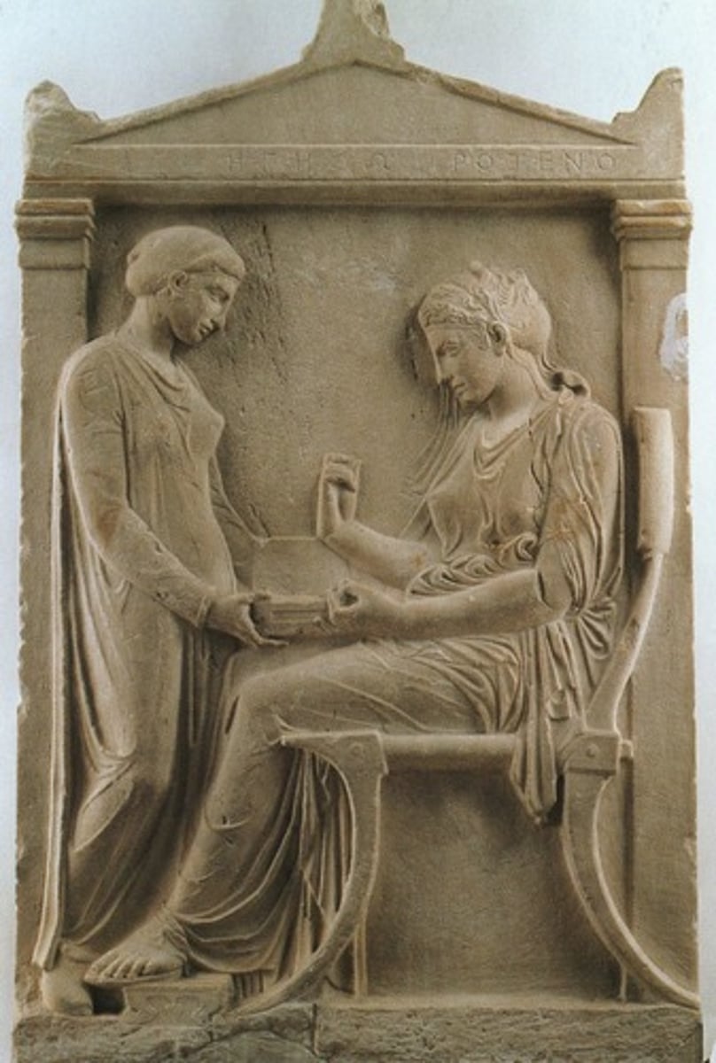 <p>Period: Late Classical c.410 B.C.E.</p><p>Form: Marble</p><p>Function: Funerary</p><p>Content: Hegeso examines jewels with servant. Daily life. Difference in clothing. Grave stele.</p>