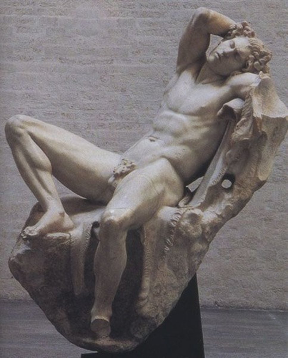 <p>- Satyr with human features &amp; a small tail sleeping on a rock</p><p>- Looks like he fell asleep drunk; satyrs = followers of Dionysus so they're always getting wine drunk</p><p>- powerful &amp; beautiful figure, slightly erotic with legs spread and showing genitals</p><p>- his body is contorted in a way that follows stylistic trends of Hellenistic art</p>
