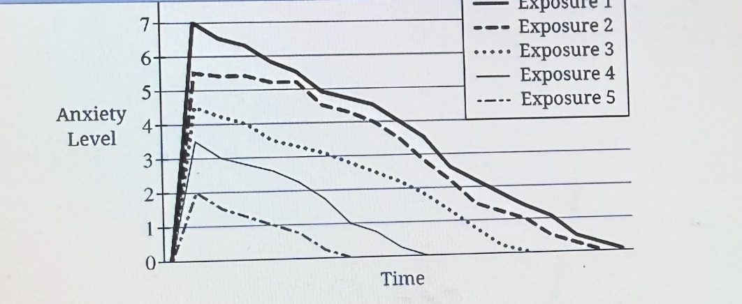 <p><span style="font-family: Helvetica; font-size: 12px;">Dr. Abrams treats patients with anxiety by using a form of counterconditioning called exposure therapy. To test the effectiveness of this technique, Dr. Abrams had each patient report their level of anxiety while repeatedly exposing each person to an anxiety-inducing situstion for one hour using a virtual reality headset. Patients rated their anxiety from 0-8, with 0 being no anxiety to 8 being extreme anxiety. The results are presented in the graph.</span></p><p><span style="font-family: Helvetica; font-size: 12px;">Which of the following concepts describes the learning process experienced by Dr. Abram's patients?</span></p>