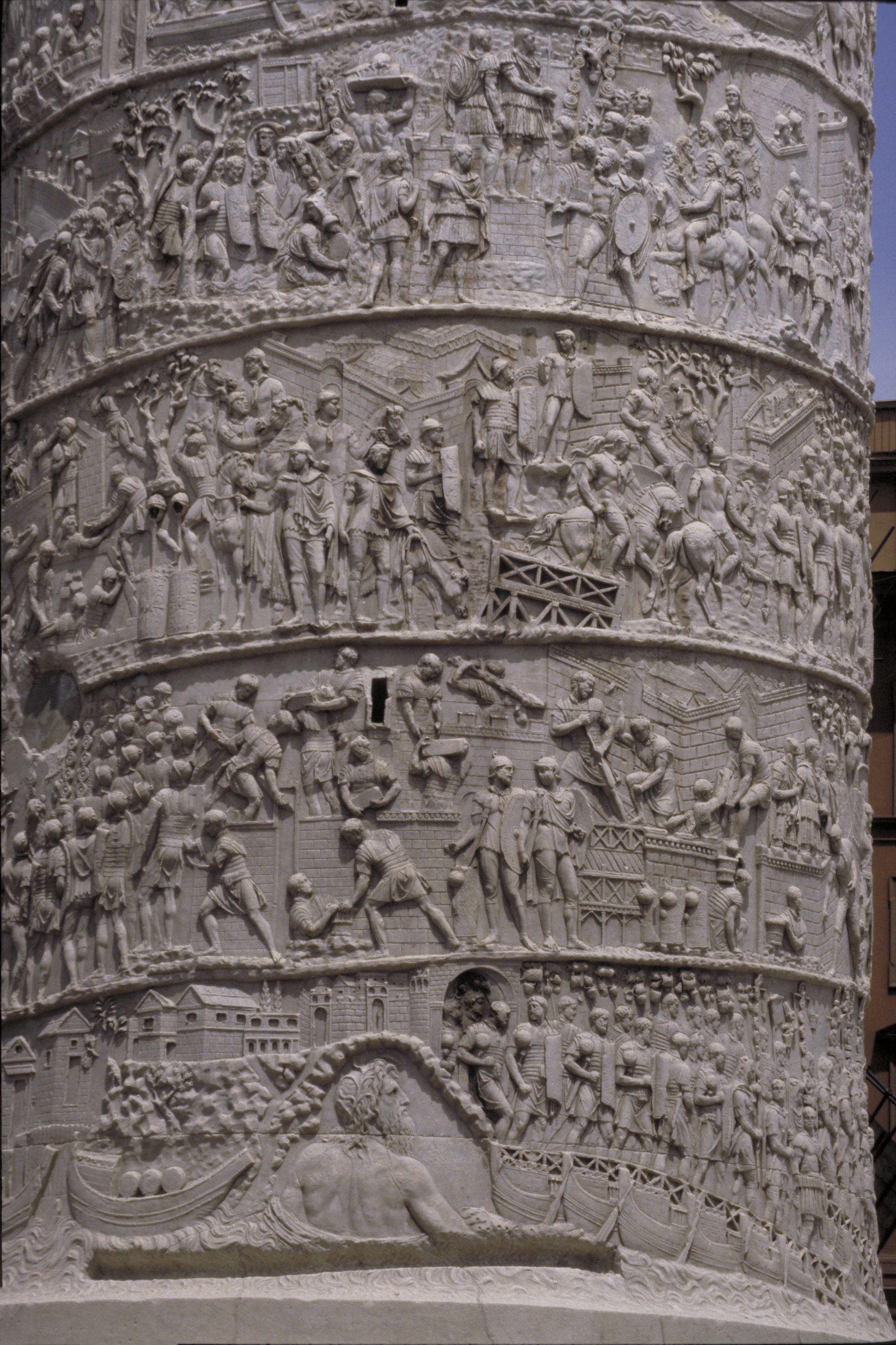 <p>Name - Column of Trajan</p><p>Date - 112 CE</p><p>Culture - Roman</p><p>OG Location - Rome, Italy</p><p>Function - Built to commemorate Trajan’s Dacian campaigns</p><p>Patron - Trajan</p><p>Material - Hollow marble drums</p><p>Other - Depicts Trajan addressing his troops, receiving a Dacian embassy, making sacrifices to the gods, setting off on campaign, viewing Dacian prisoners </p>