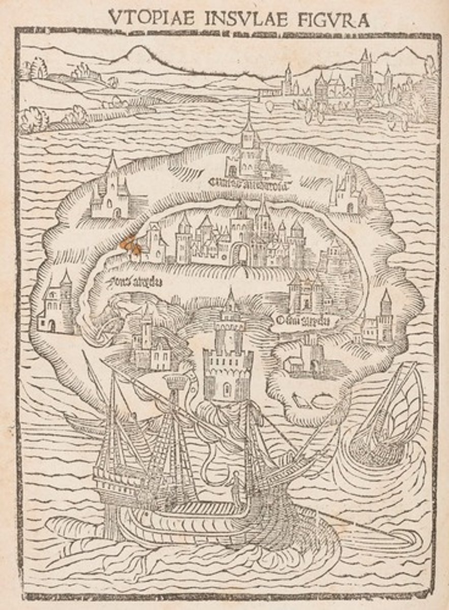 <p>1478-1535 : Auteur van Utopia (1516): manifest voor de ideale stad (Amaurote). Introduceerde rationele planning met een rasterpatroon en gelijke percelen.</p>