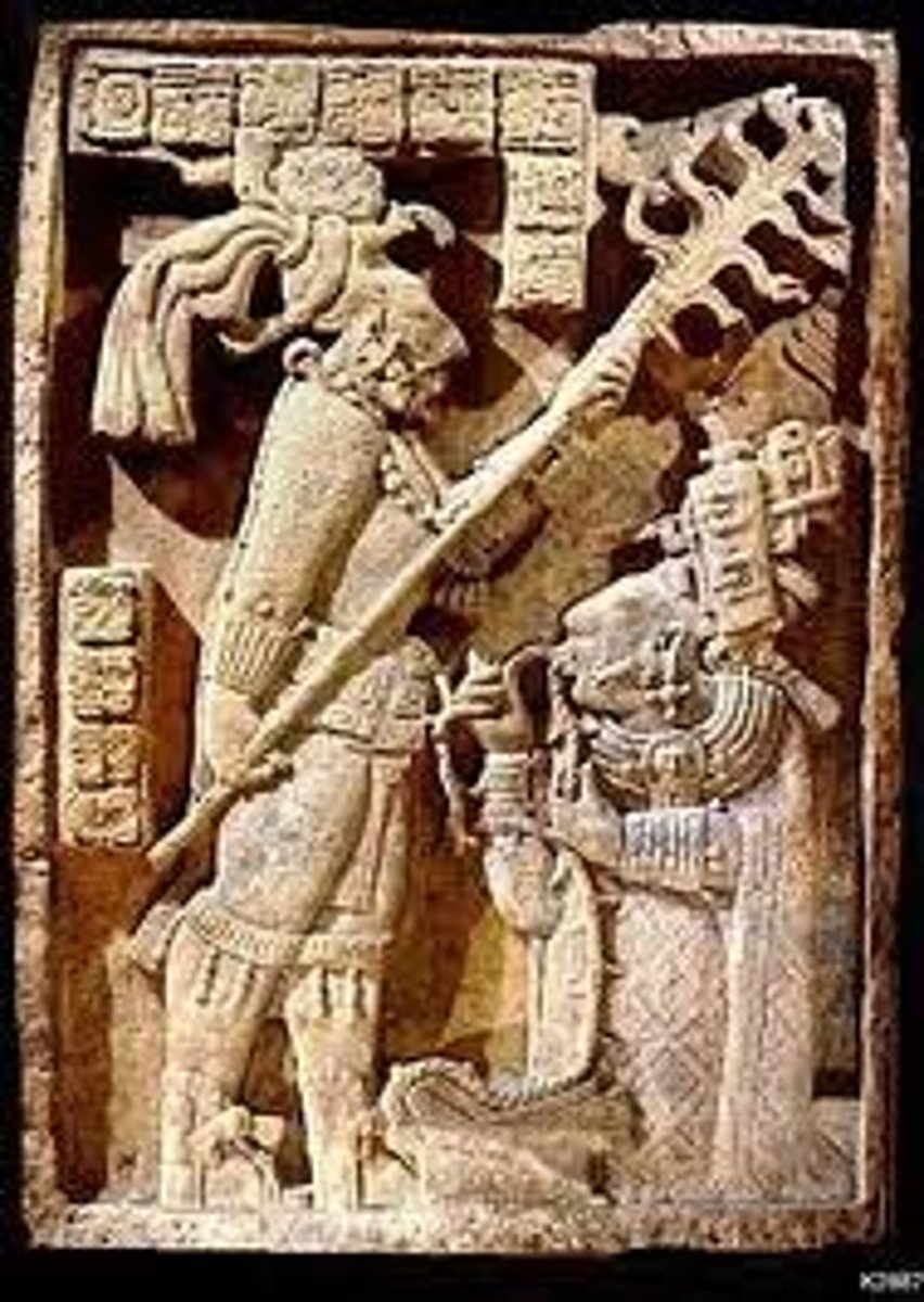 <p>Maya; 723 CE</p><p>Body modification</p><p>Corn silk hair = maize god</p><p>Scarification on face= eloquent speech</p><p>Thorned rope through tongue= sacrifice to the gods(the more painful the better)</p><p>More important goes on right side.</p>