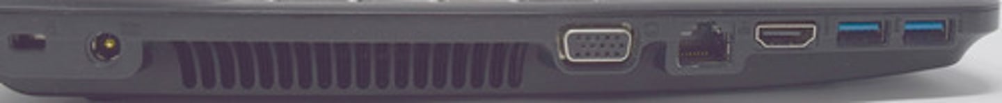 <p>The image shows a 15-pin D-shell type video graphics array (VGA) port and a beveled high-definition multimedia interface (HDMI) port. The port in between them is an RJ45 network port, and the two ports on the right are USB Type A ports.</p>