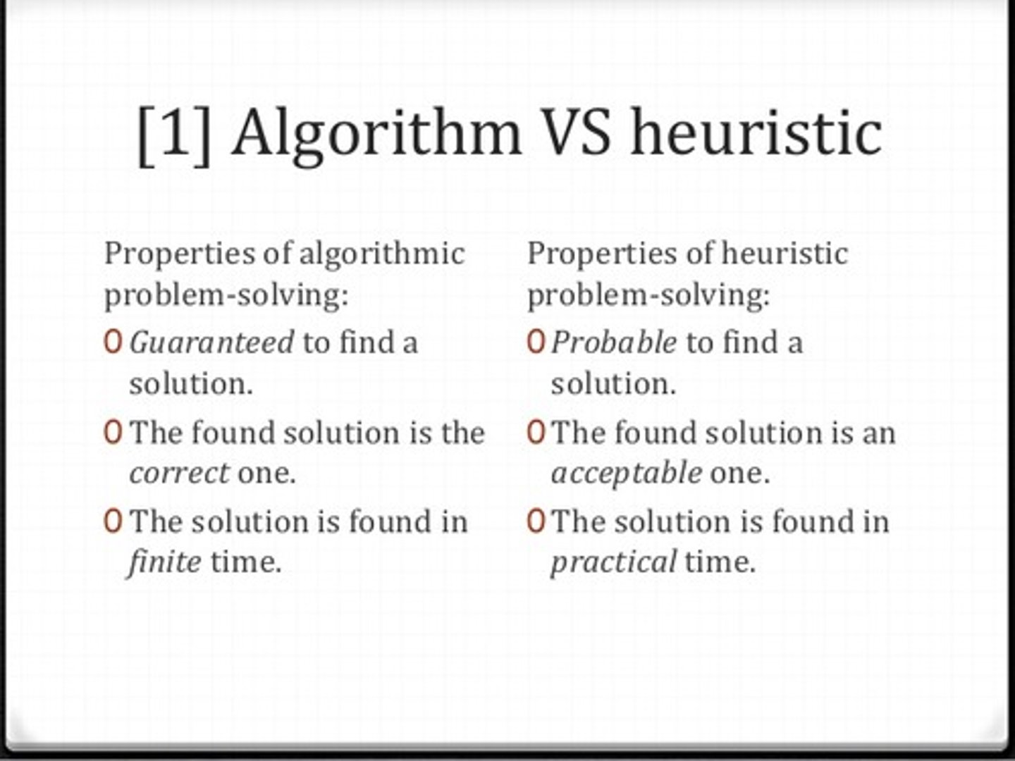 <p>Heuristics are mental tricks used to break complex problems into simpler problems using mental tricks, but do not guarantee right answers.</p><p>Algorithms are methodical approaches that are guaranteed to get the correct answer, but can take a very long time.</p>